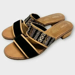 TOMS Black And Tan Raffia Strap Mariposa Heeled Sandals Size 8 Wide Width